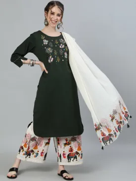 Designer Green & Off White Embroidered A-Line Kurta Set