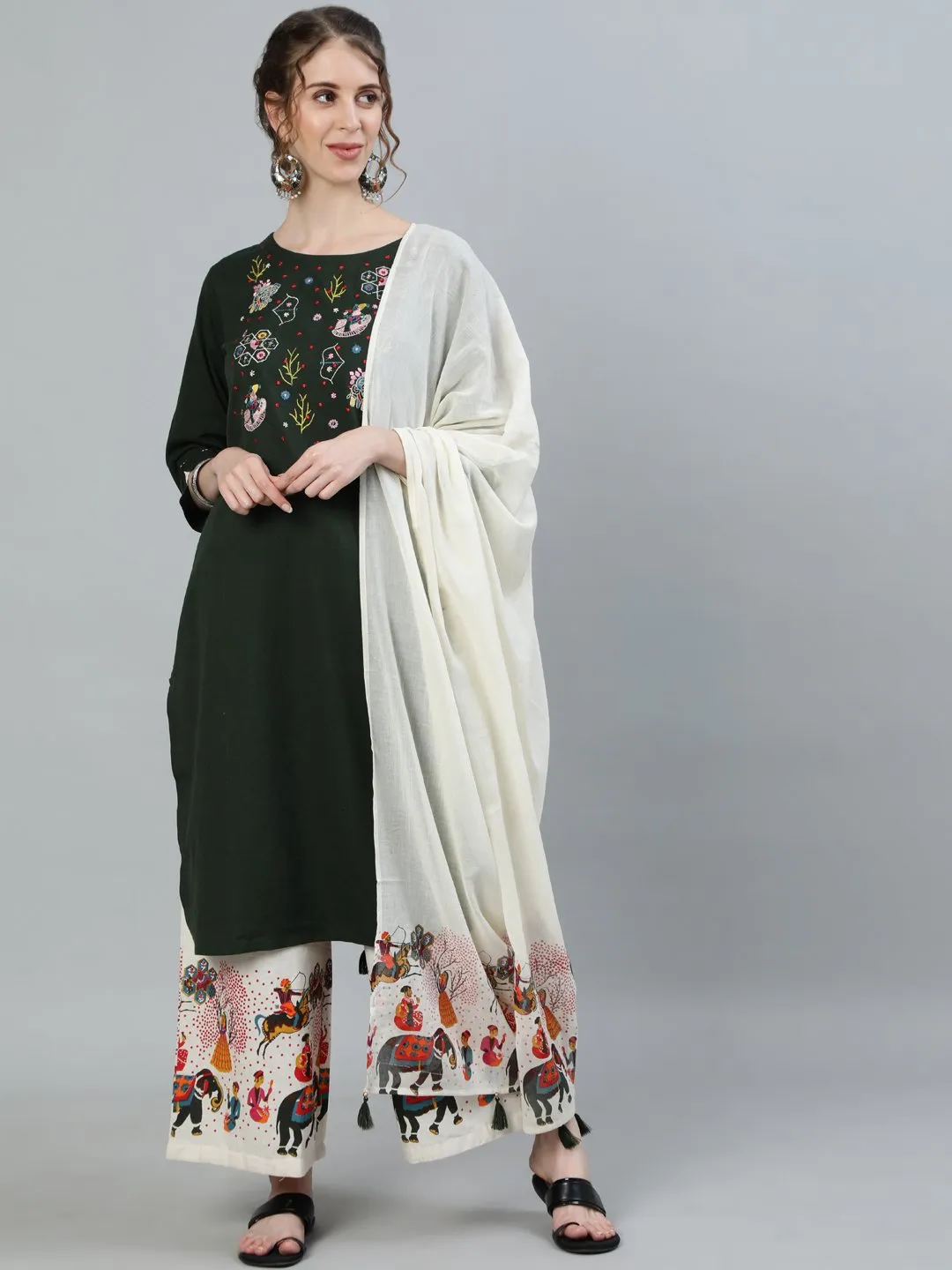 Designer Green & Off White Embroidered A-Line Kurta Set