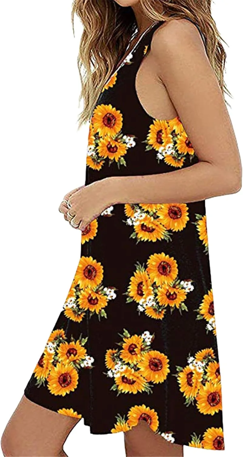 DIACACY Women's Casual Mini Sundress Floral Printed Summer Beach Tank Dress Scoop Neck Sleeveless Loose Dress