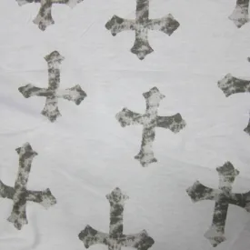 Distressed Gray Crosses on White Cotton Jersey Fabric