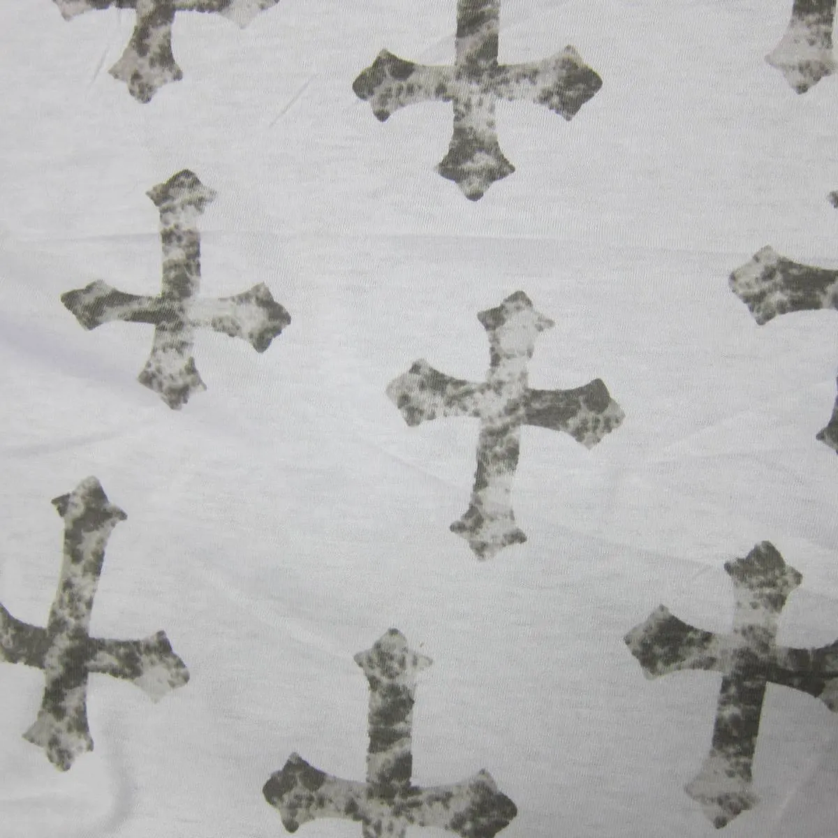 Distressed Gray Crosses on White Cotton Jersey Fabric