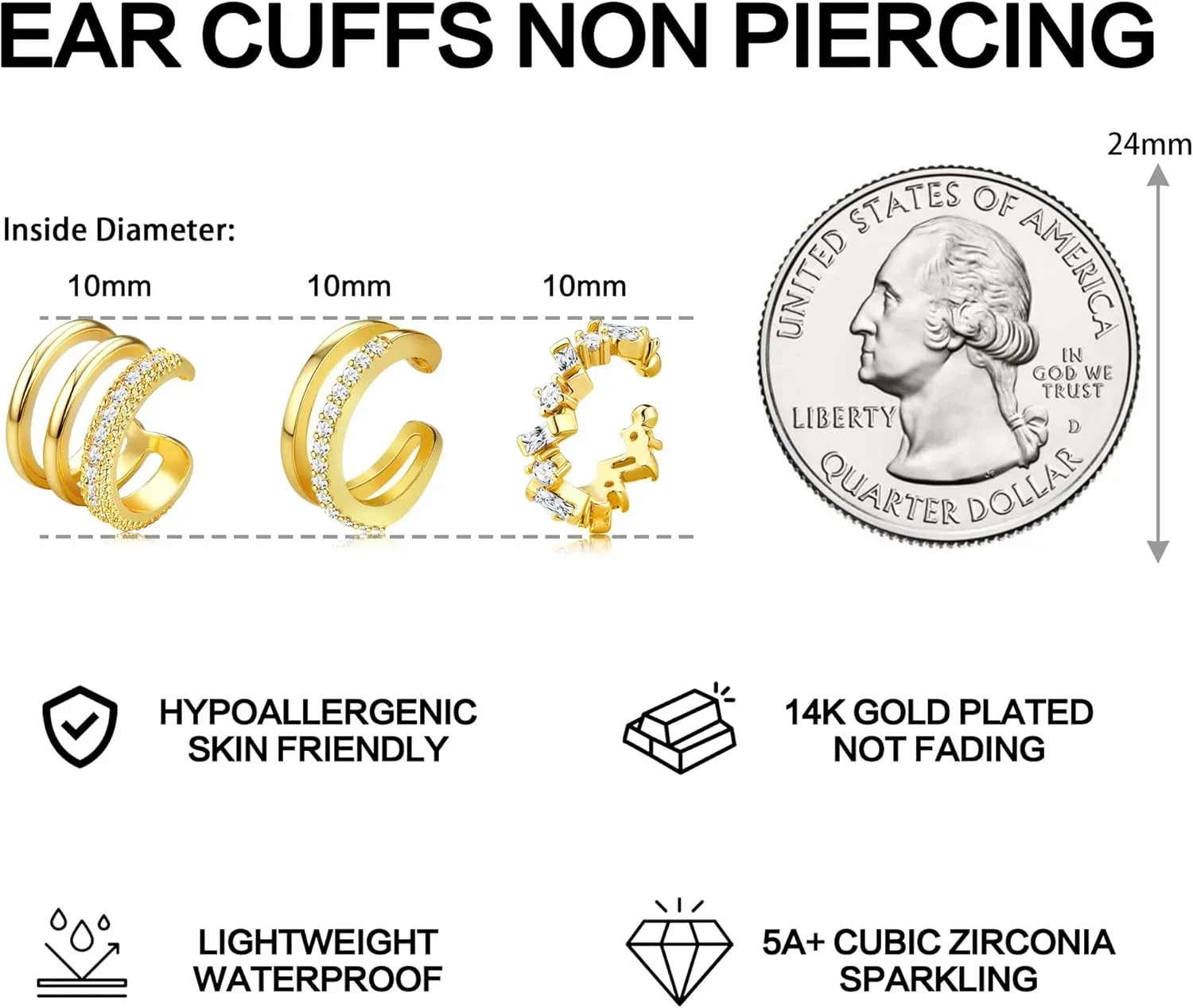 Dochais Ear Cuffs Non-Piercing Earrings for Women Cute Small Clip-On Cartilage Earring 14k Gold Plated Dainty Fake Piercings Earings
