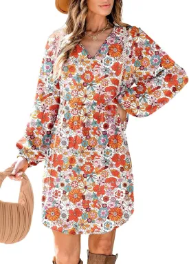 Dokotoo Women's V Neck Floral Embroidered Lace Trim Mini Dress Long Peasant Sleeves Flowy Dress Fall Dresses