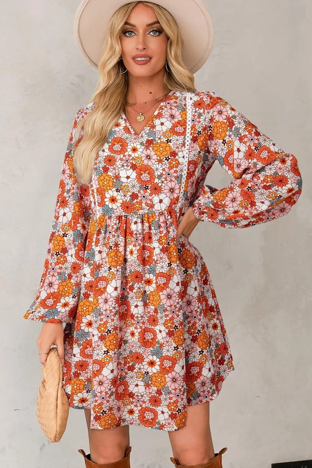 Dokotoo Women's V Neck Floral Embroidered Lace Trim Mini Dress Long Peasant Sleeves Flowy Dress Fall Dresses