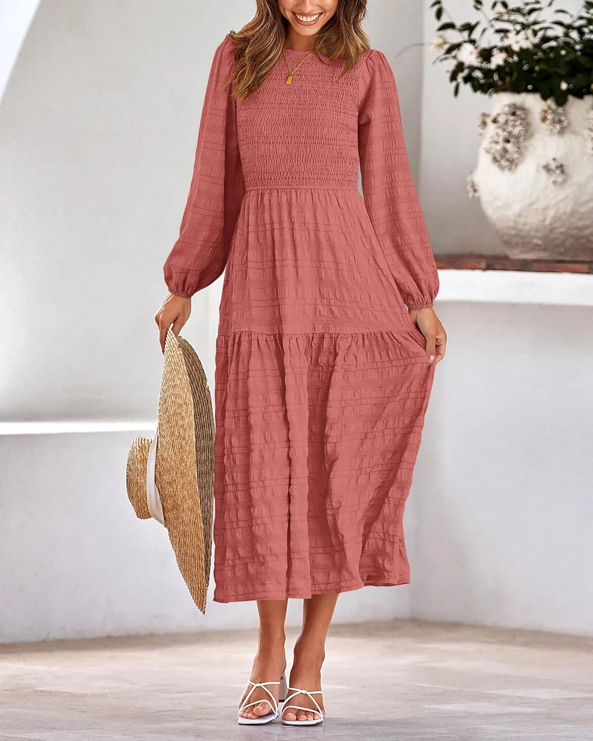 dowerme Women's Dresses 2025 Fall Puff Long Sleeve Crewneck Smocked Tiered Flowy A-Line Boho Wedding Party Maxi Dress