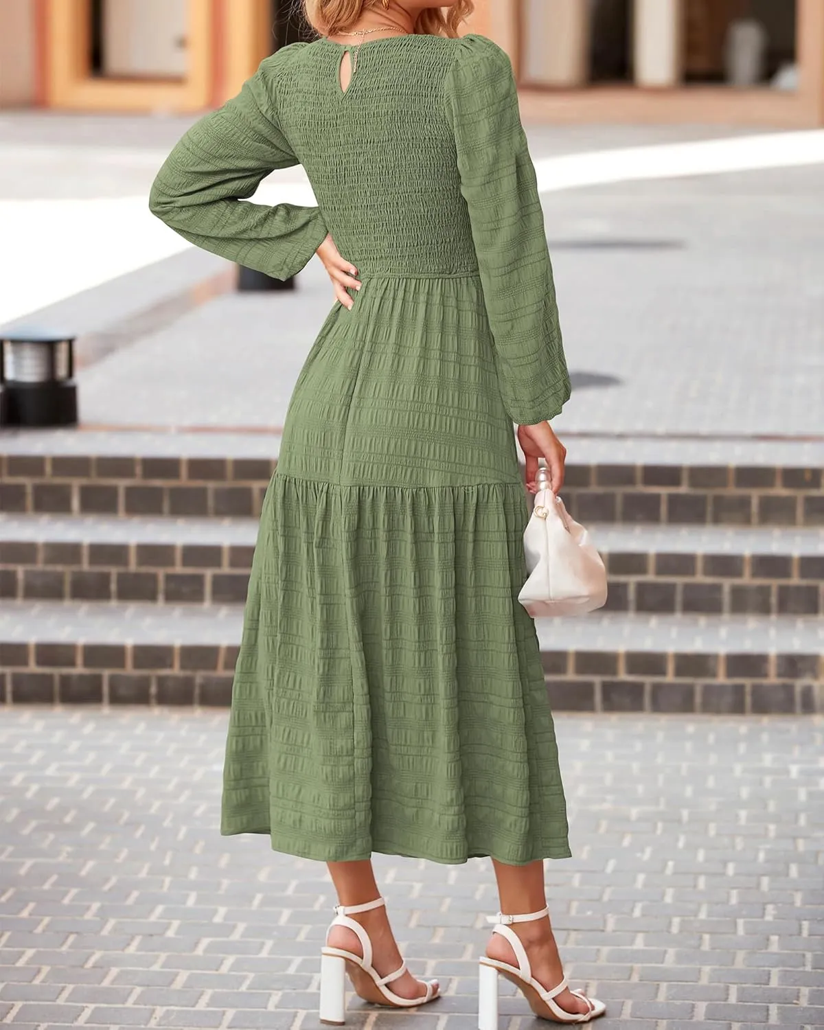 dowerme Women's Dresses 2025 Fall Puff Long Sleeve Crewneck Smocked Tiered Flowy A-Line Boho Wedding Party Maxi Dress