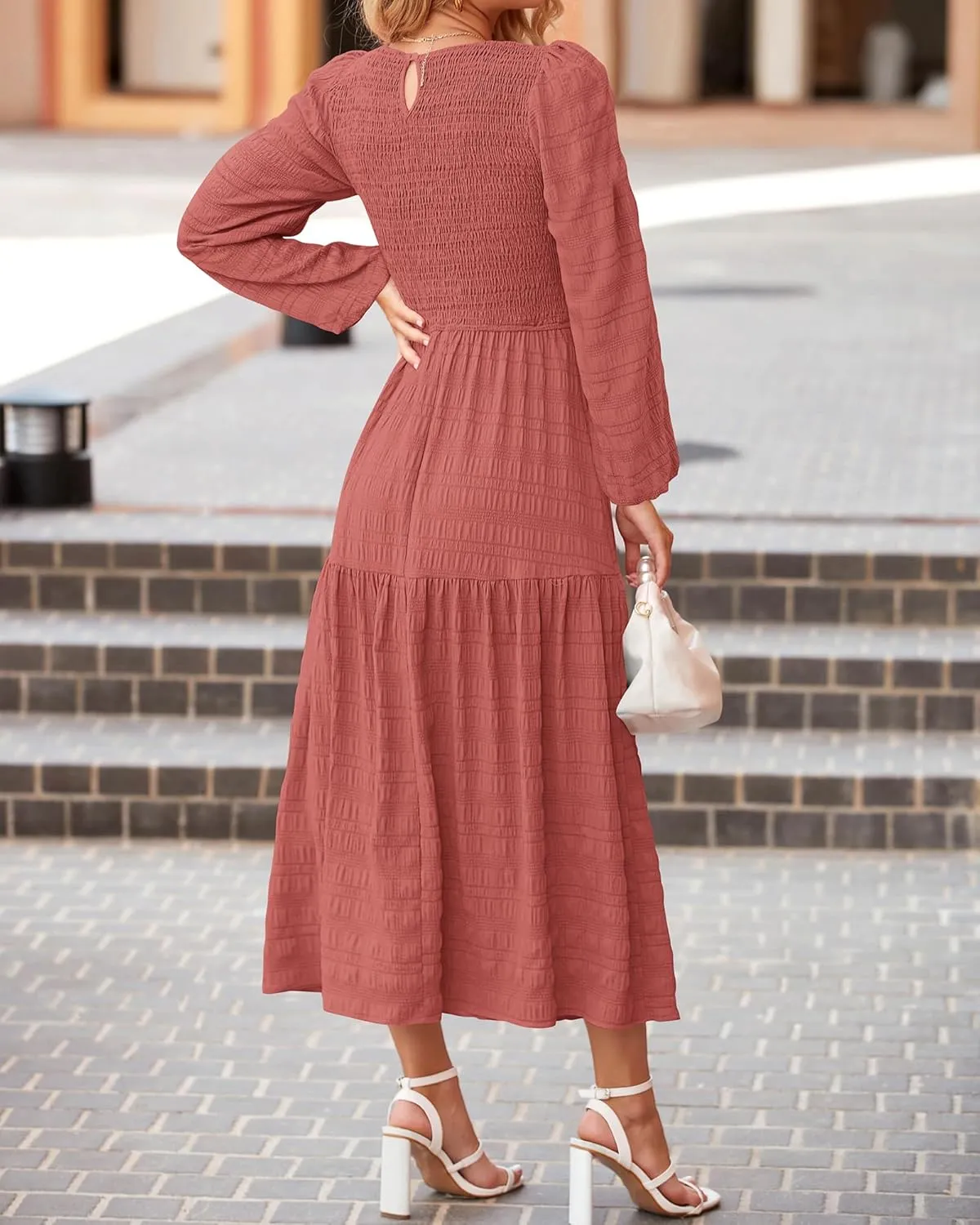 dowerme Women's Dresses 2025 Fall Puff Long Sleeve Crewneck Smocked Tiered Flowy A-Line Boho Wedding Party Maxi Dress