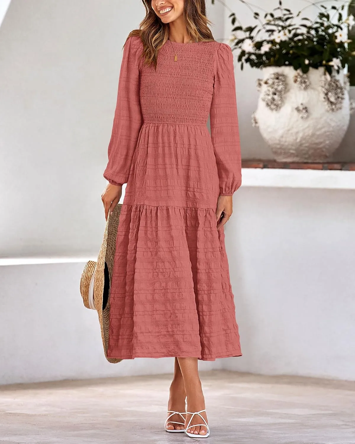 dowerme Women's Dresses 2025 Fall Puff Long Sleeve Crewneck Smocked Tiered Flowy A-Line Boho Wedding Party Maxi Dress
