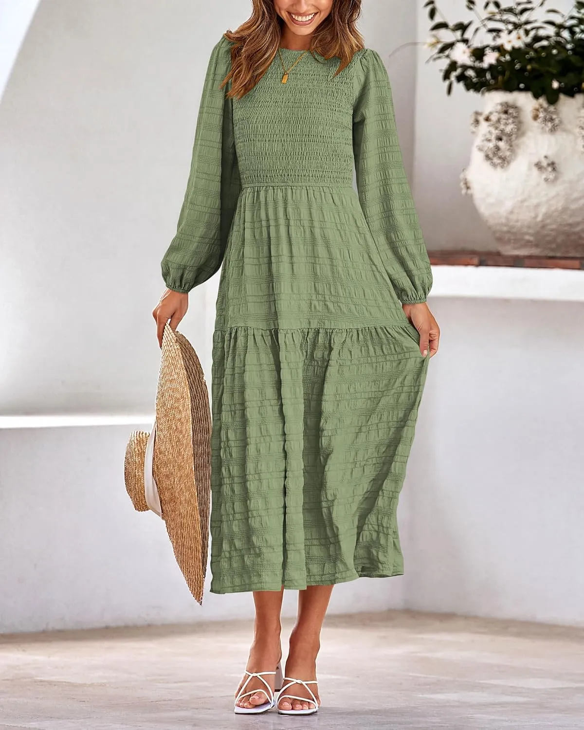 dowerme Women's Dresses 2025 Fall Puff Long Sleeve Crewneck Smocked Tiered Flowy A-Line Boho Wedding Party Maxi Dress