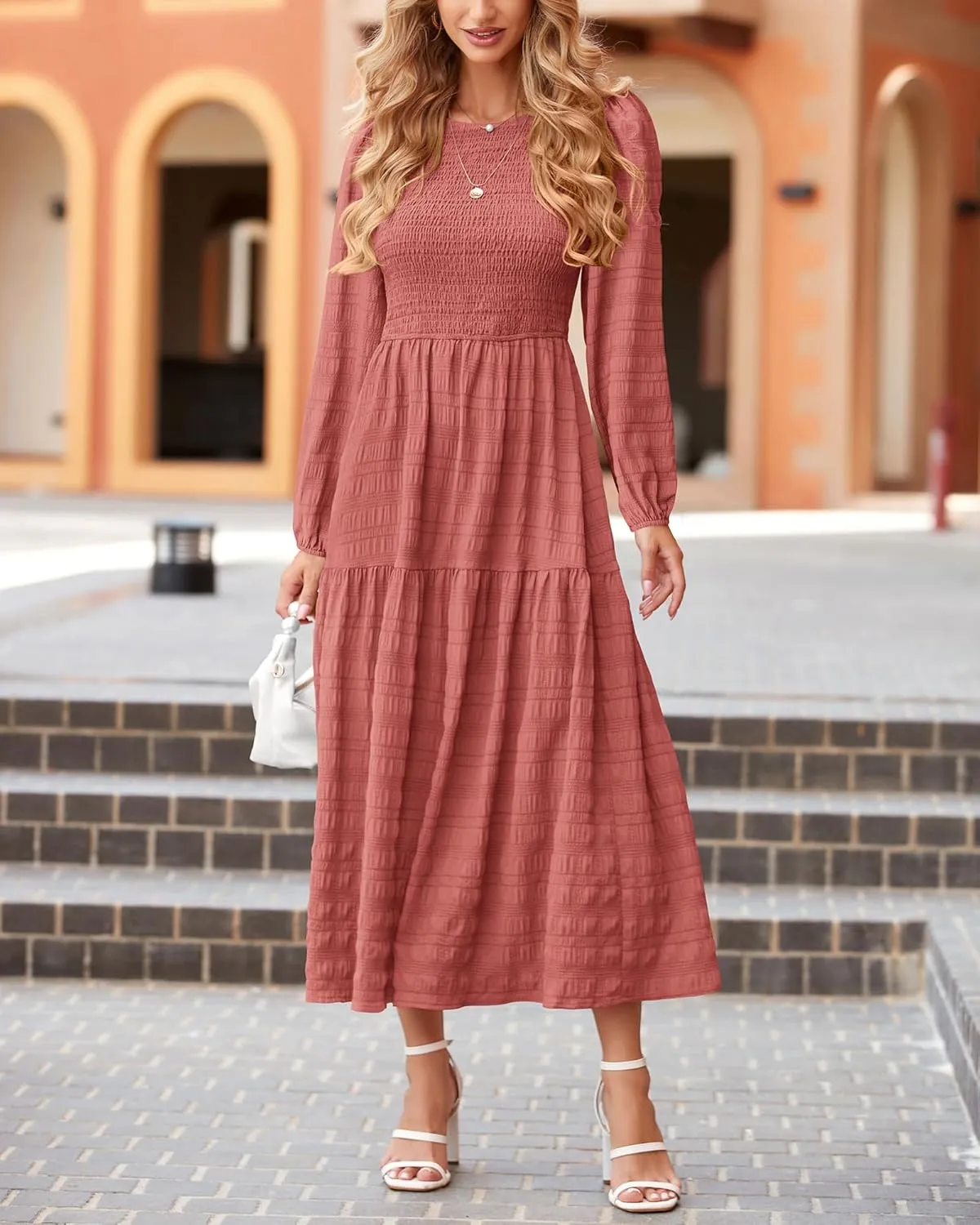 dowerme Women's Dresses 2025 Fall Puff Long Sleeve Crewneck Smocked Tiered Flowy A-Line Boho Wedding Party Maxi Dress