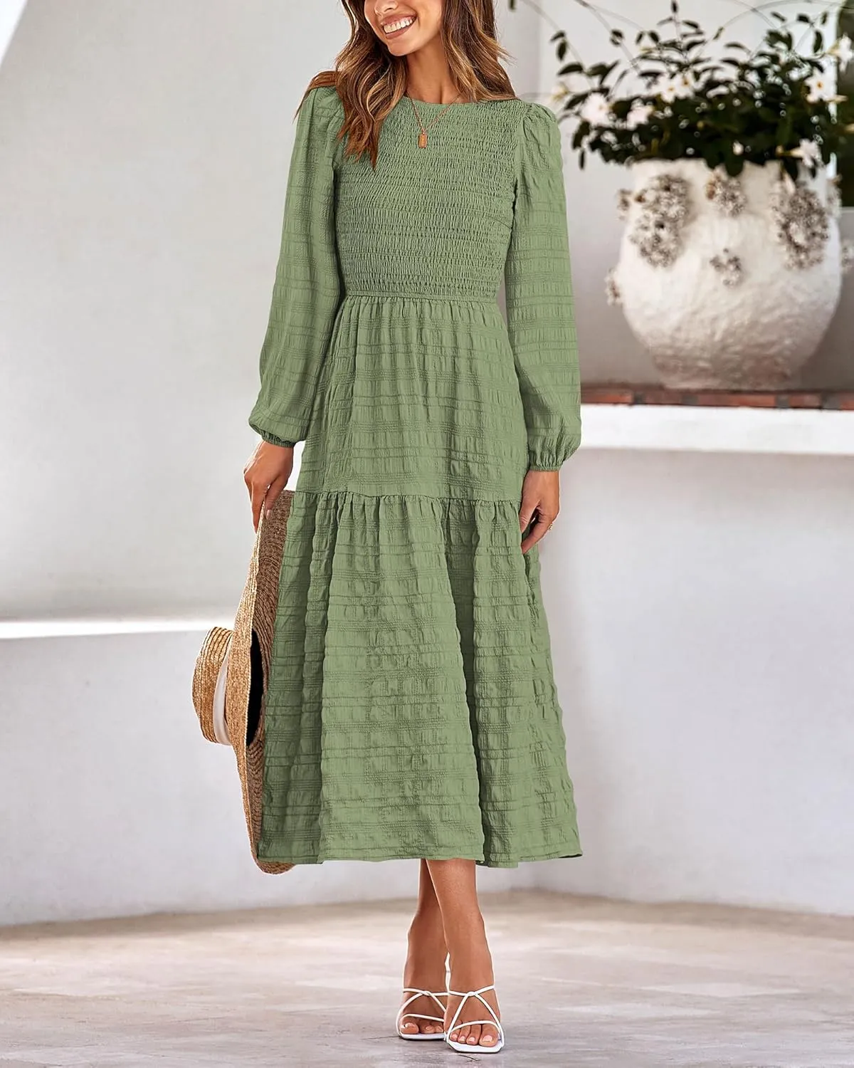 dowerme Women's Dresses 2025 Fall Puff Long Sleeve Crewneck Smocked Tiered Flowy A-Line Boho Wedding Party Maxi Dress