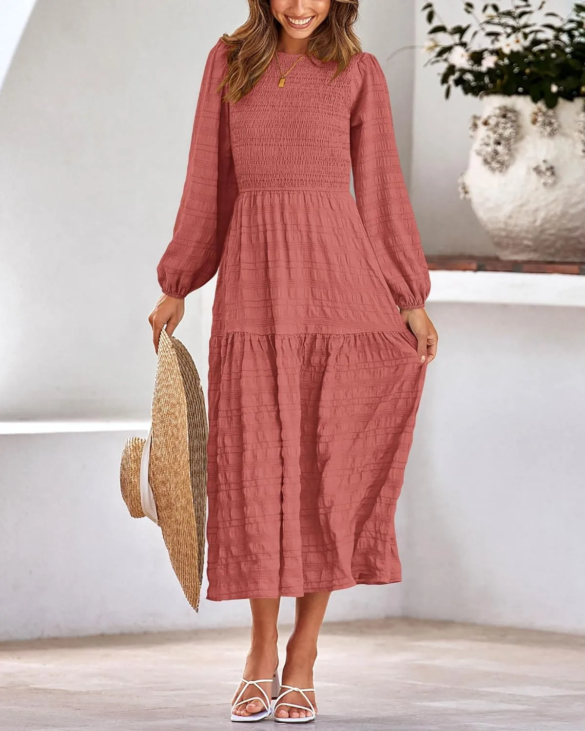 dowerme Women's Dresses 2025 Fall Puff Long Sleeve Crewneck Smocked Tiered Flowy A-Line Boho Wedding Party Maxi Dress