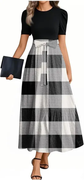 Dresses for Women 2025 Elegant Boho Tie Belted Patchwork Empire Waist Short Sleeve Modest Flowy Maxi Dress