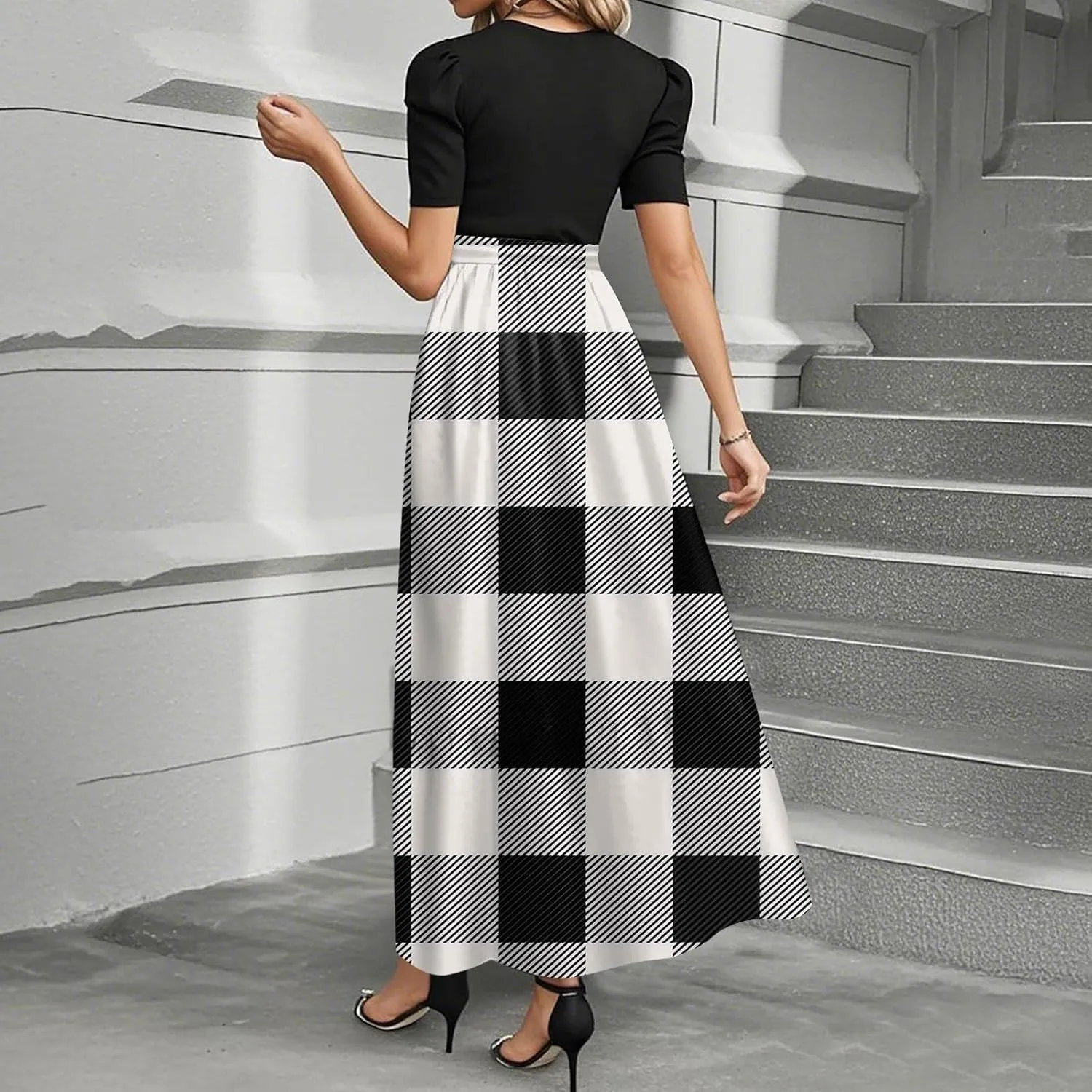 Dresses for Women 2025 Elegant Boho Tie Belted Patchwork Empire Waist Short Sleeve Modest Flowy Maxi Dress