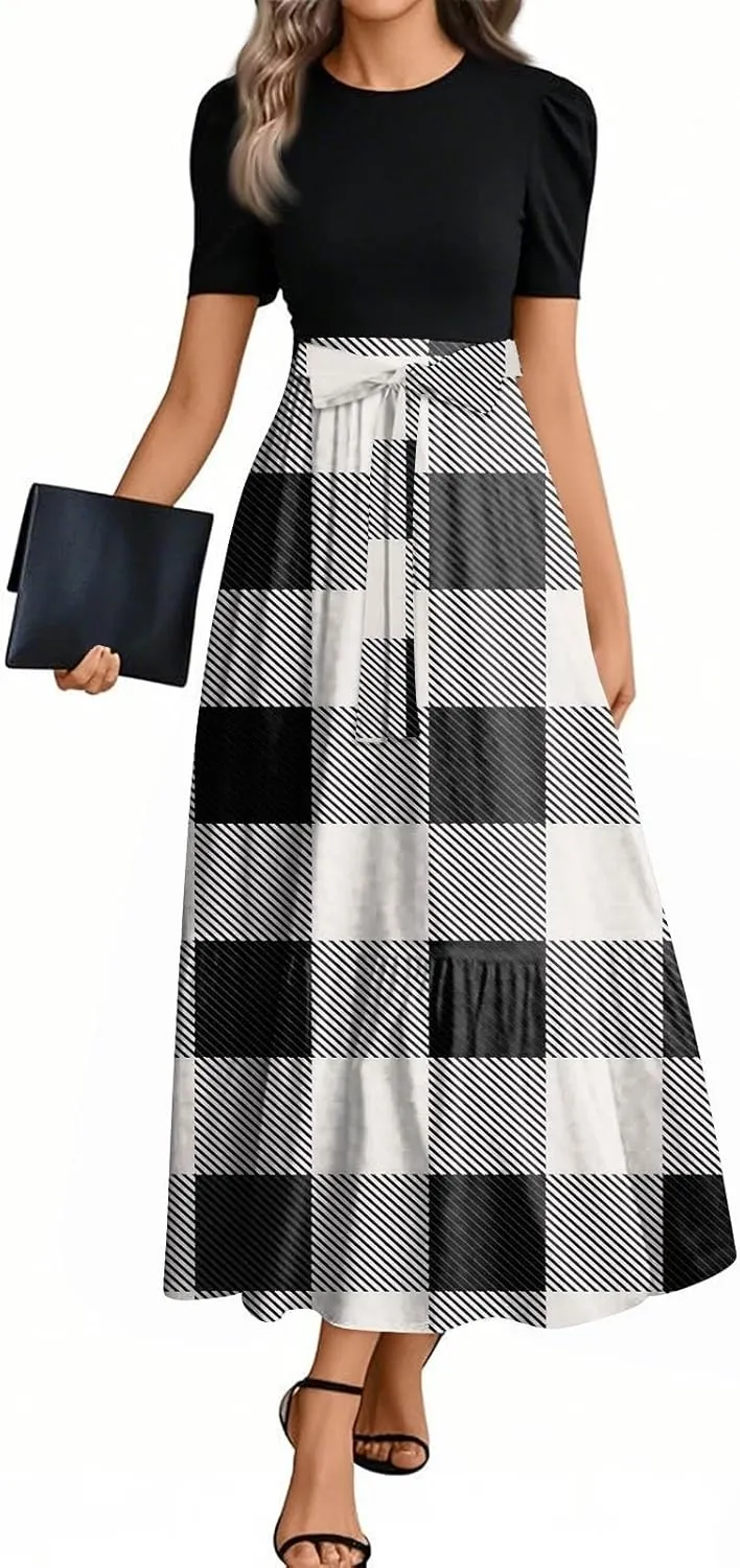 Dresses for Women 2025 Elegant Boho Tie Belted Patchwork Empire Waist Short Sleeve Modest Flowy Maxi Dress