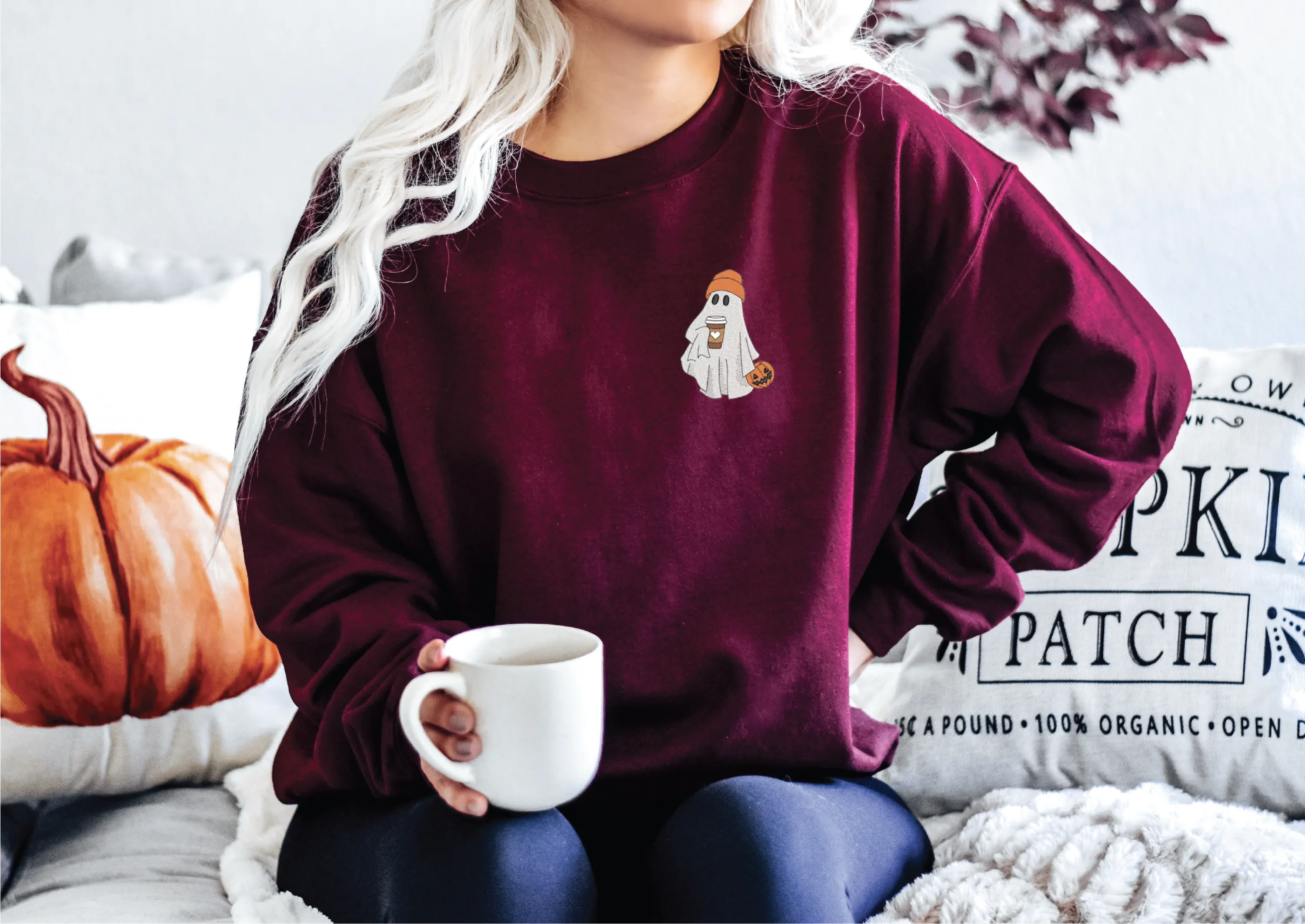 Embroidered Ghost with Latte  Classic Crew Neck Sweater