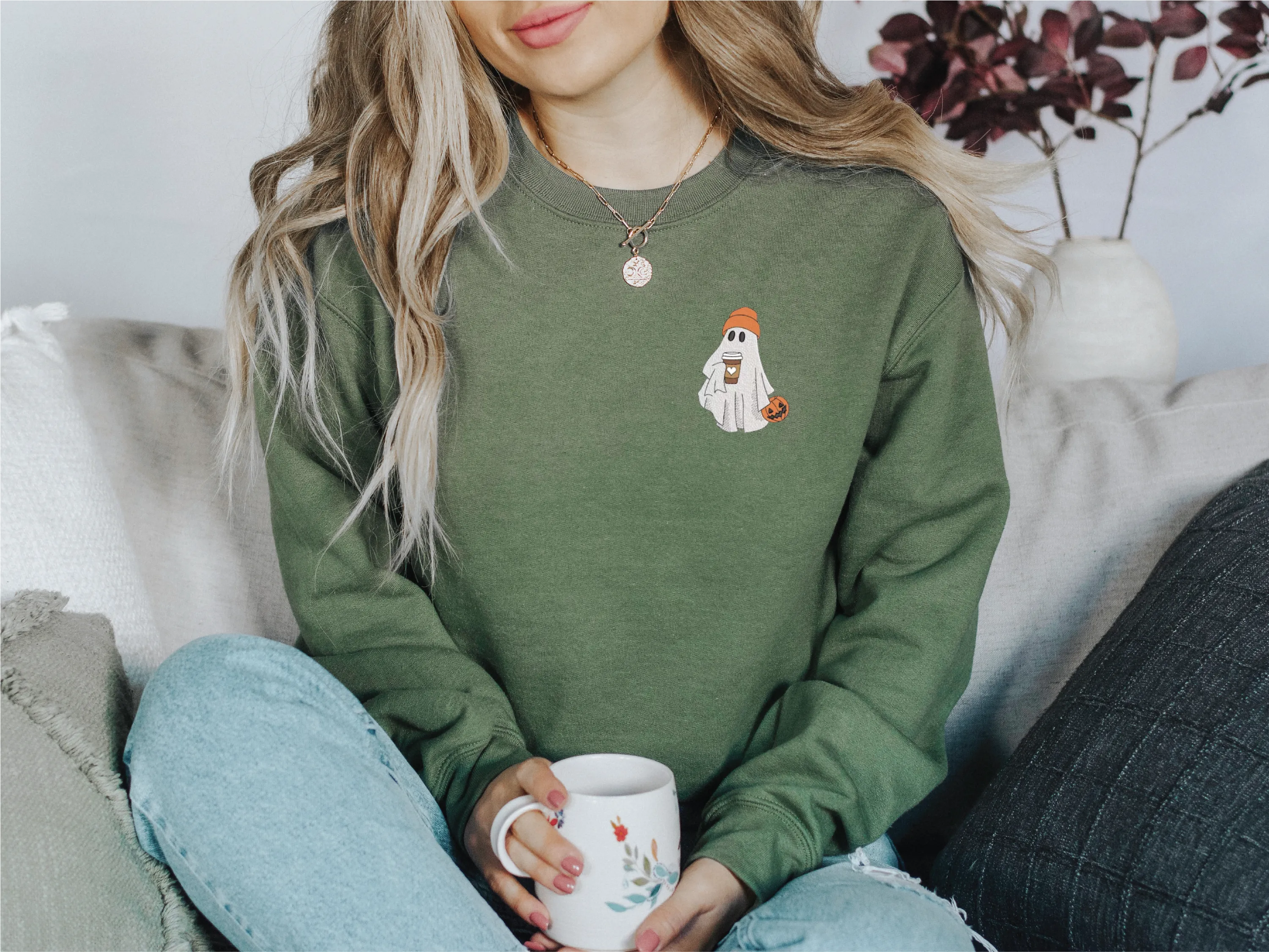 Embroidered Ghost with Latte  Classic Crew Neck Sweater