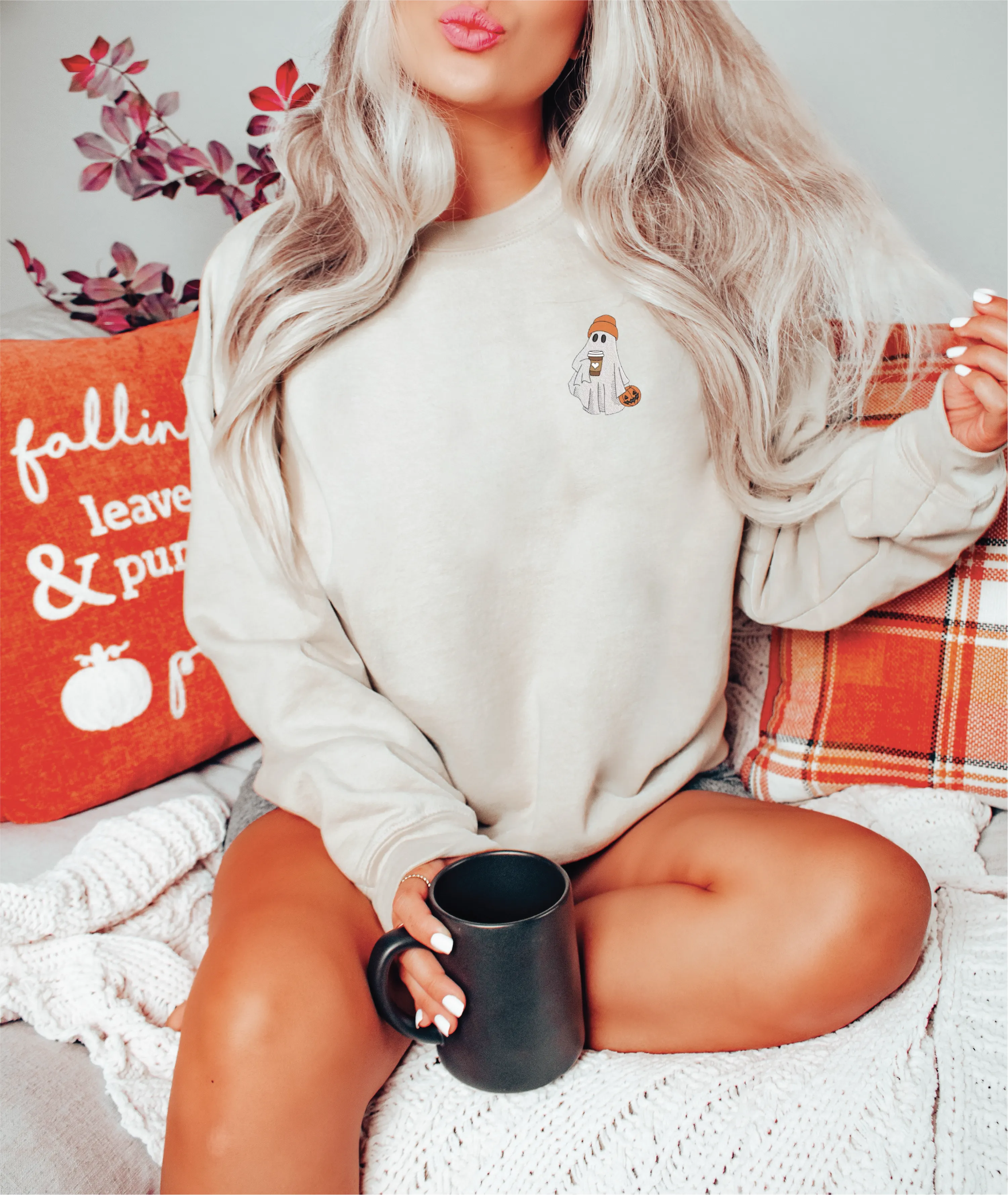 Embroidered Ghost with Latte  Classic Crew Neck Sweater