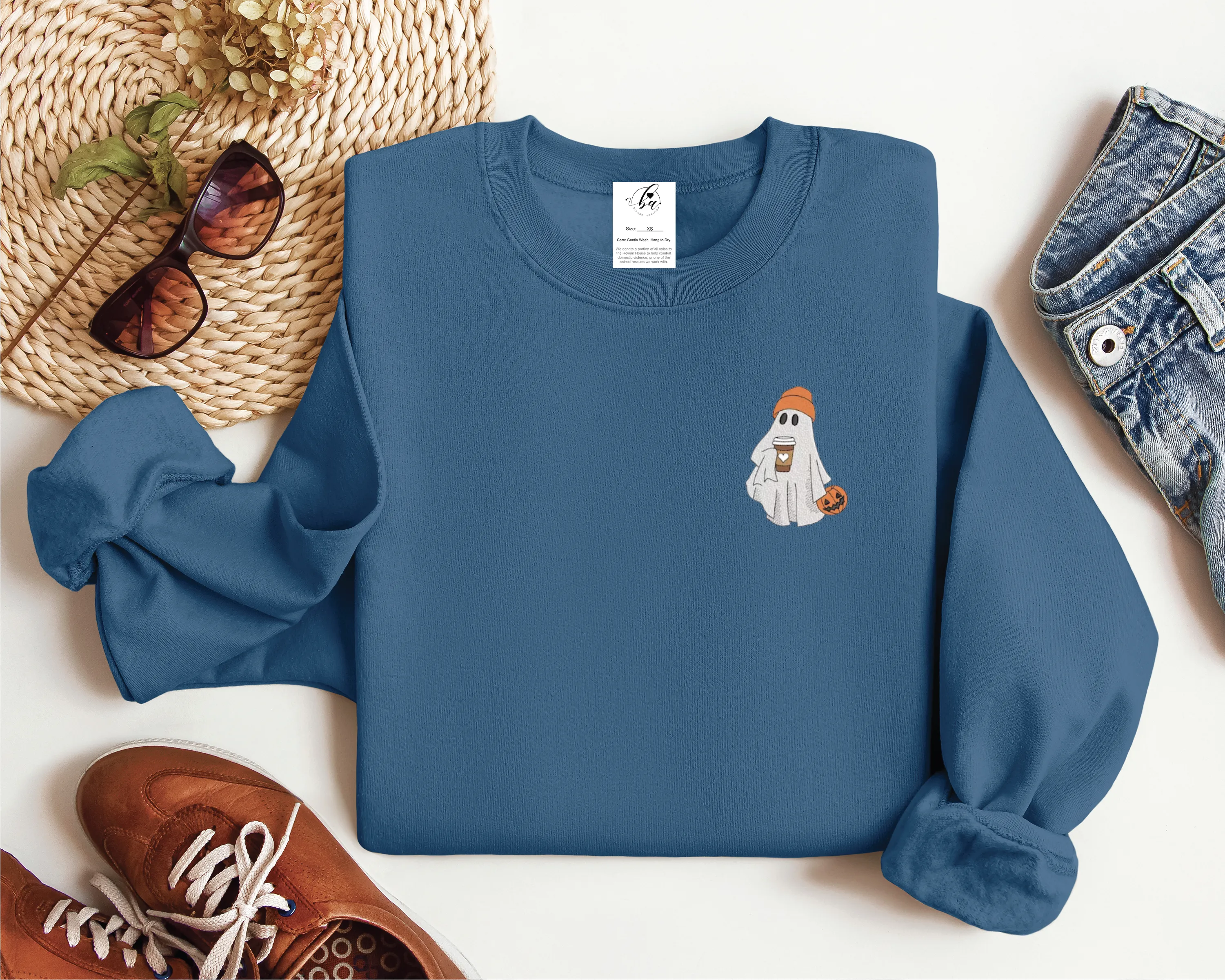Embroidered Ghost with Latte  Classic Crew Neck Sweater