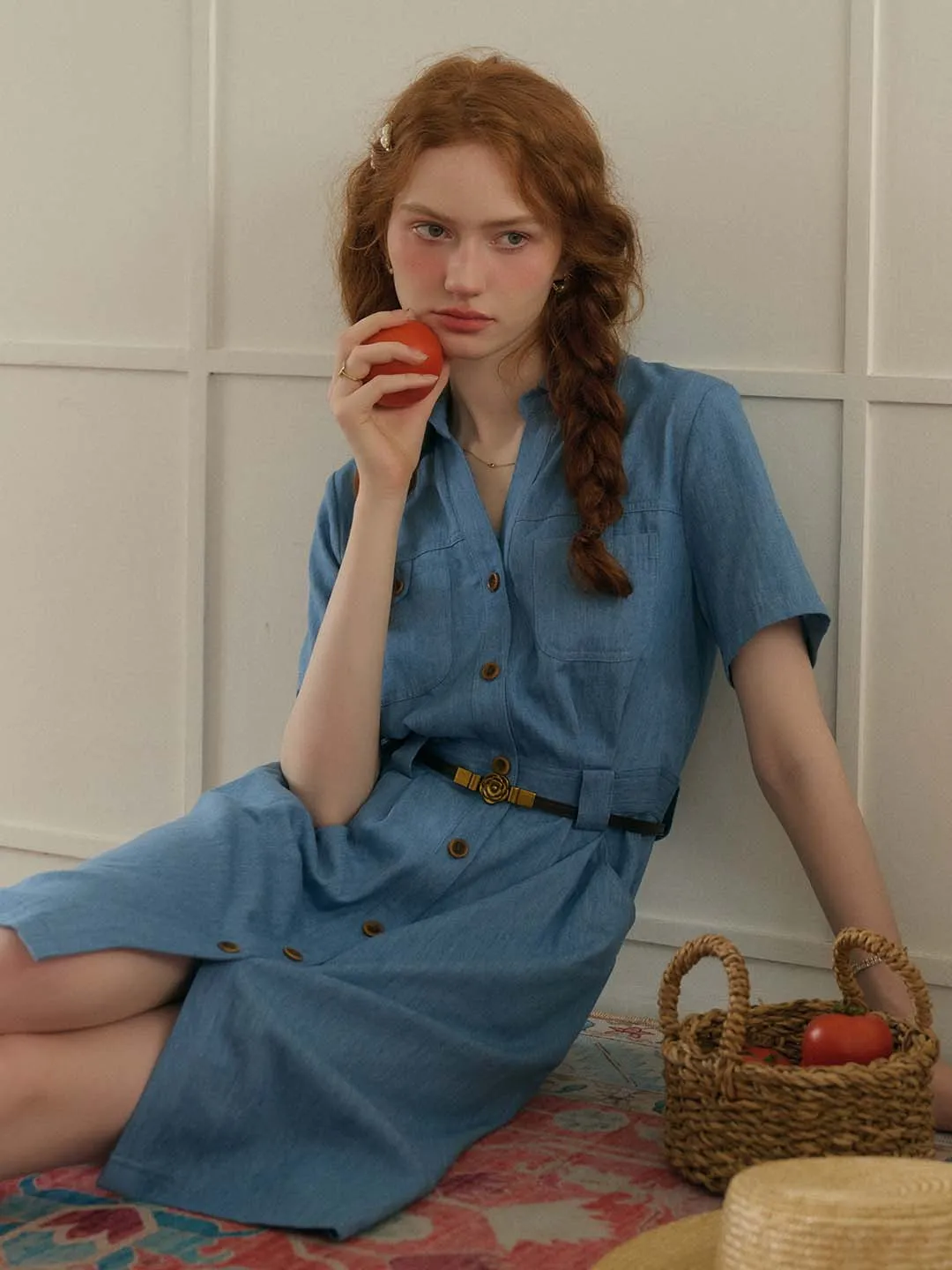 Emely Lapel V-neck Symmetrical Pocket A-line Cotton Dress (No Belt)