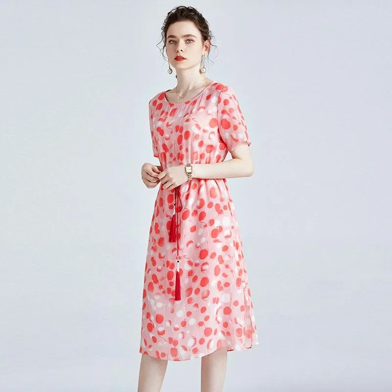 FashionSierra - 100% Silk Women's O Neck Short Sleeves Dresses