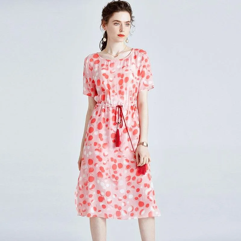 FashionSierra - 100% Silk Women's O Neck Short Sleeves Dresses