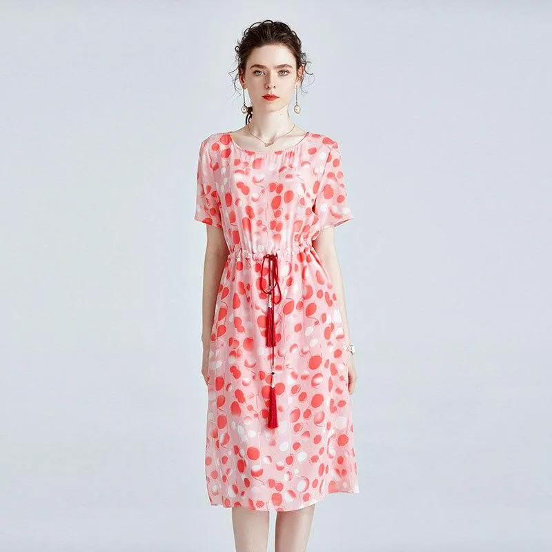 FashionSierra - 100% Silk Women's O Neck Short Sleeves Dresses