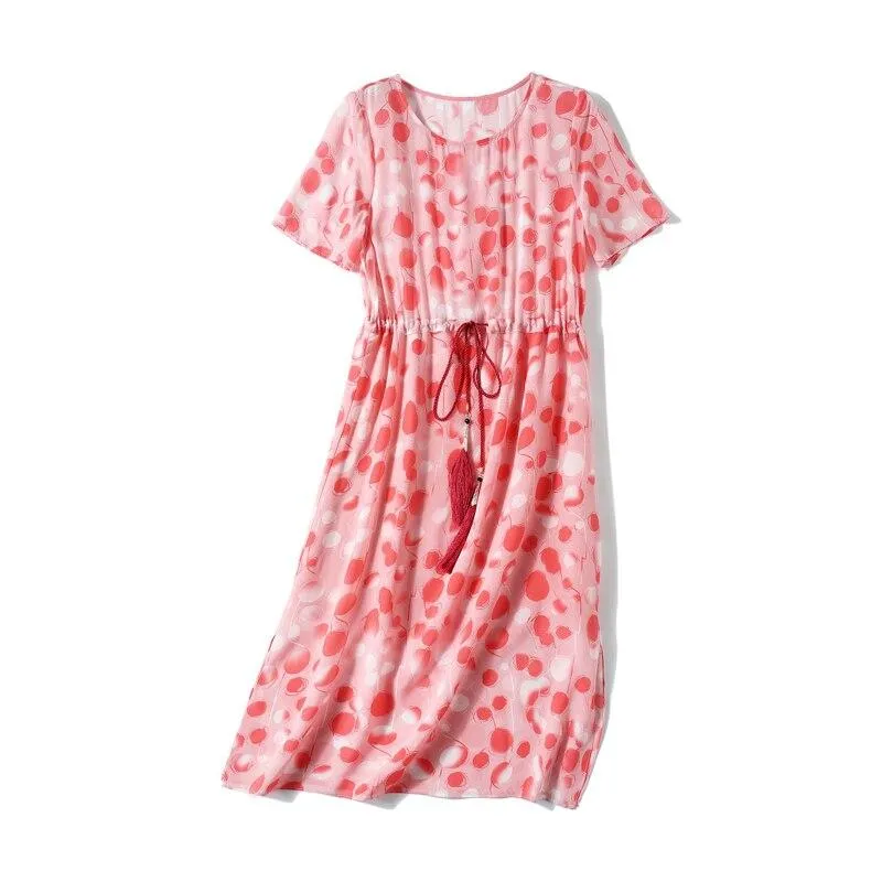 FashionSierra - 100% Silk Women's O Neck Short Sleeves Dresses