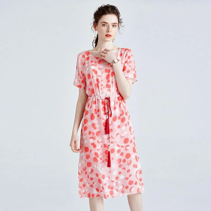 FashionSierra - 100% Silk Women's O Neck Short Sleeves Dresses