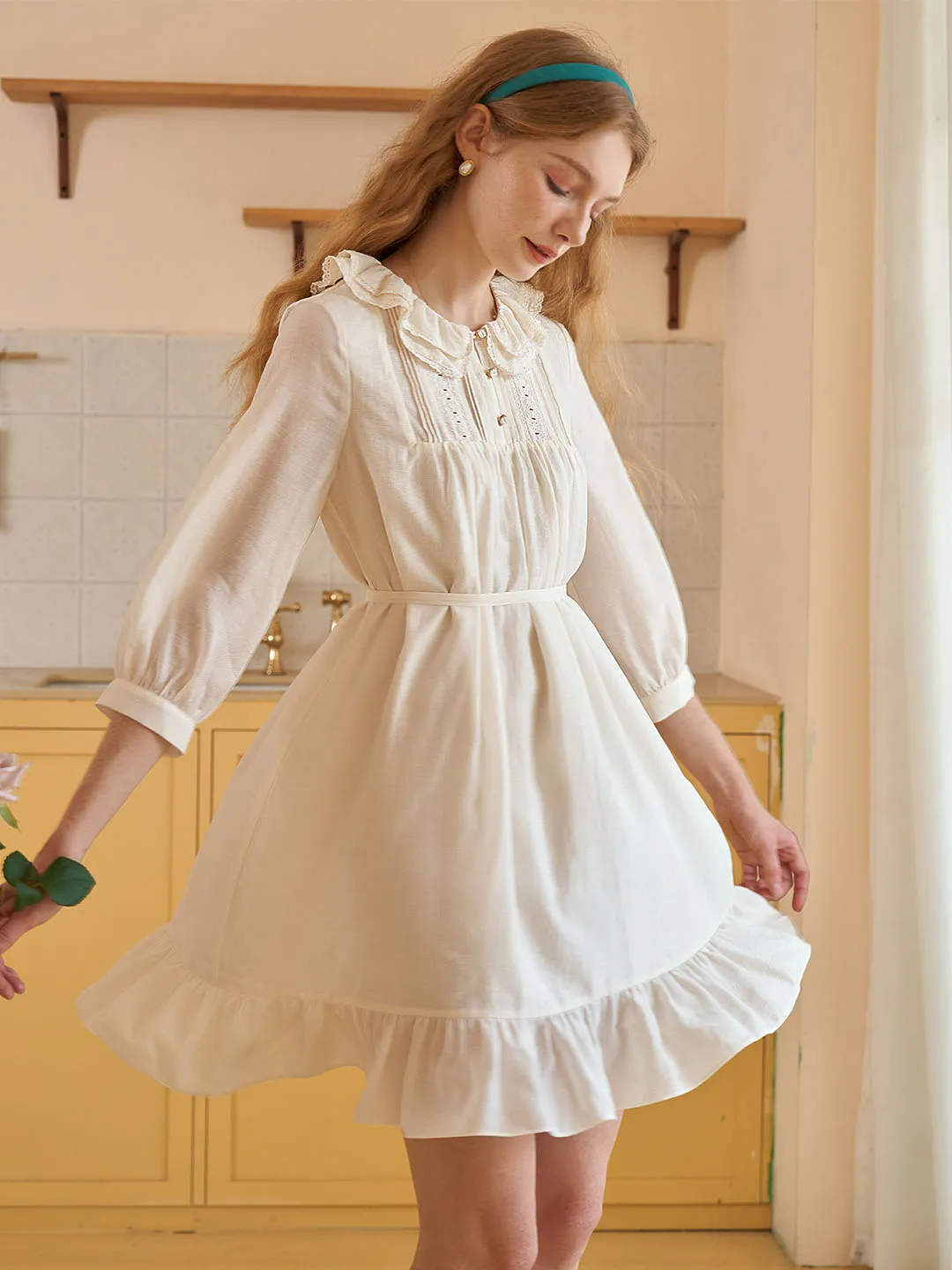 【Final Sale】Judith Sweet Double Collar Lace Panel Cotton Dress