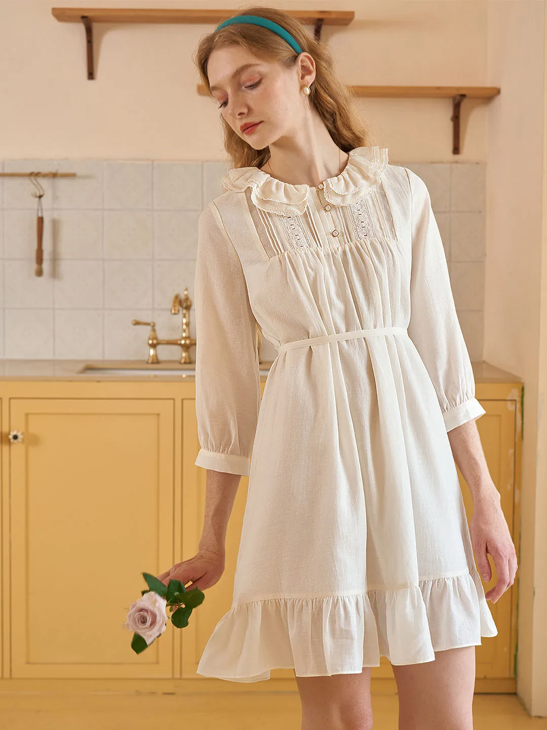 【Final Sale】Judith Sweet Double Collar Lace Panel Cotton Dress
