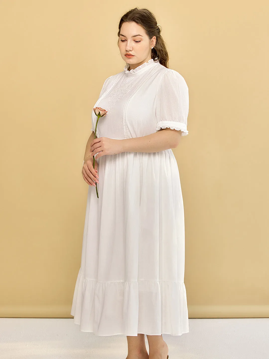 【Final Sale】Plus Size Afra White Stand-up Collar Bubble Sleeve Dress
