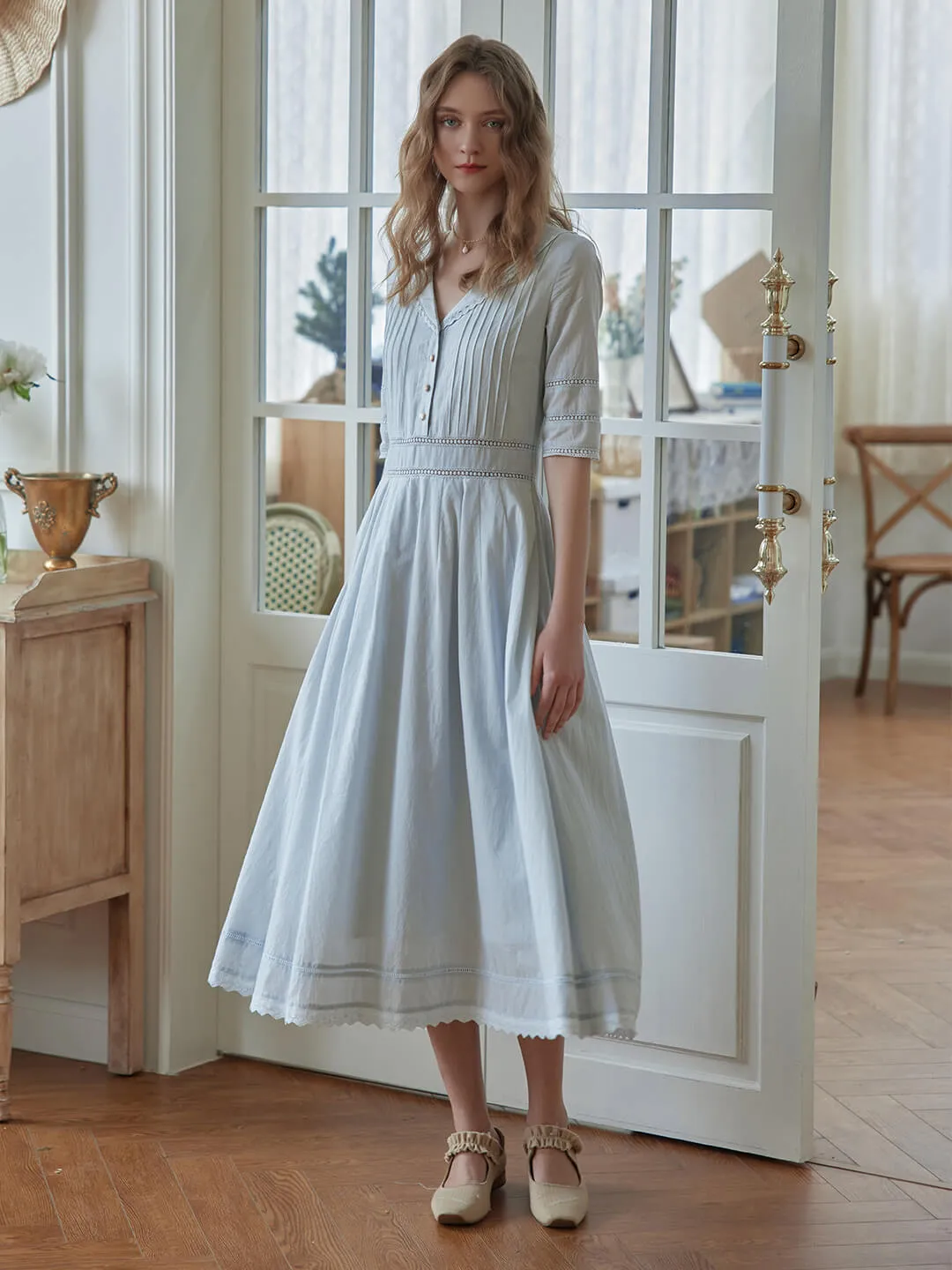 Fiona Cotton Grey Blue Midi Dress
