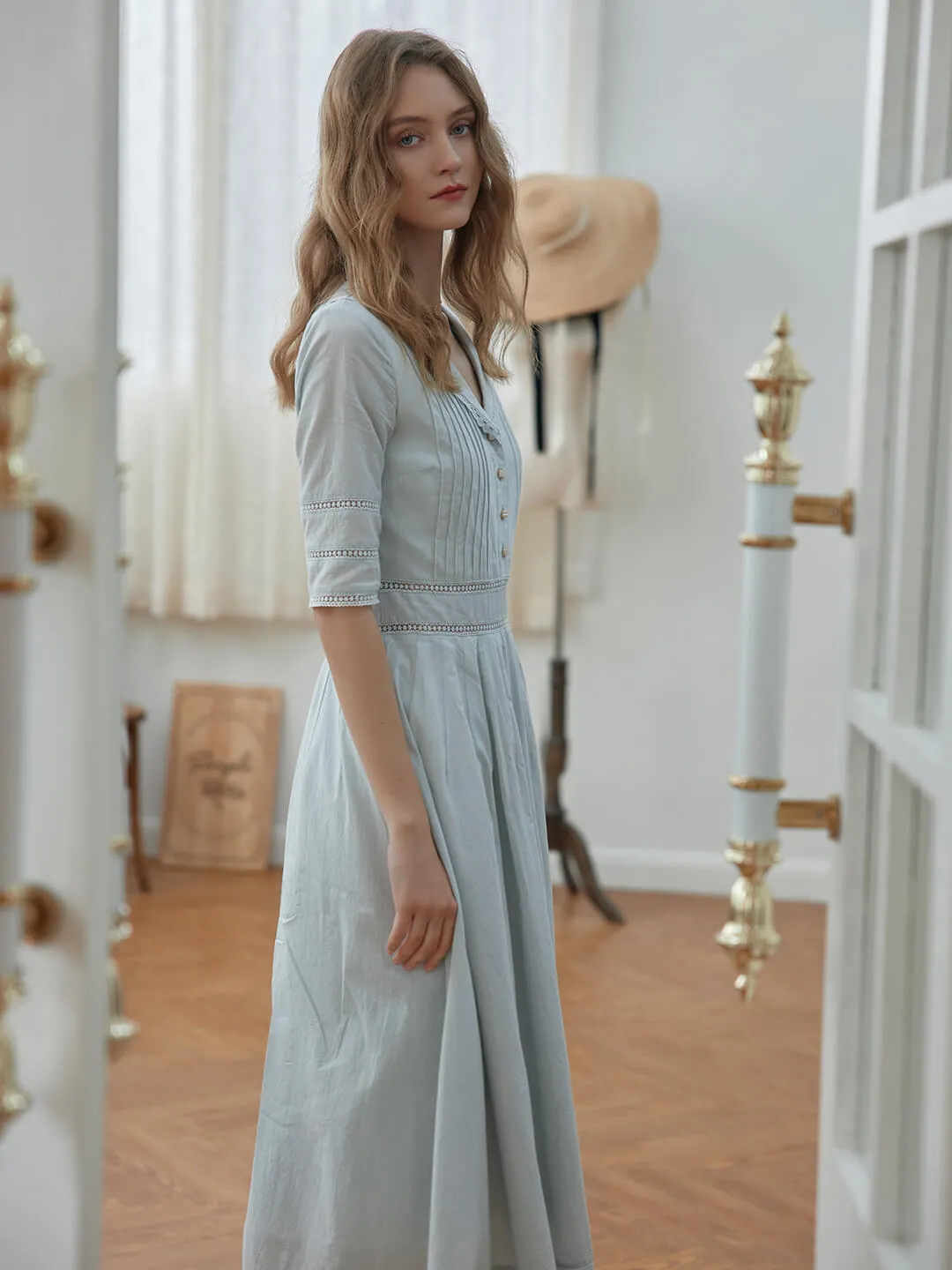 Fiona Cotton Grey Blue Midi Dress