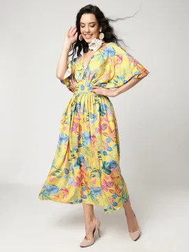 Floral Digital Printed V-Neck Kimono Sleeve Style Dress