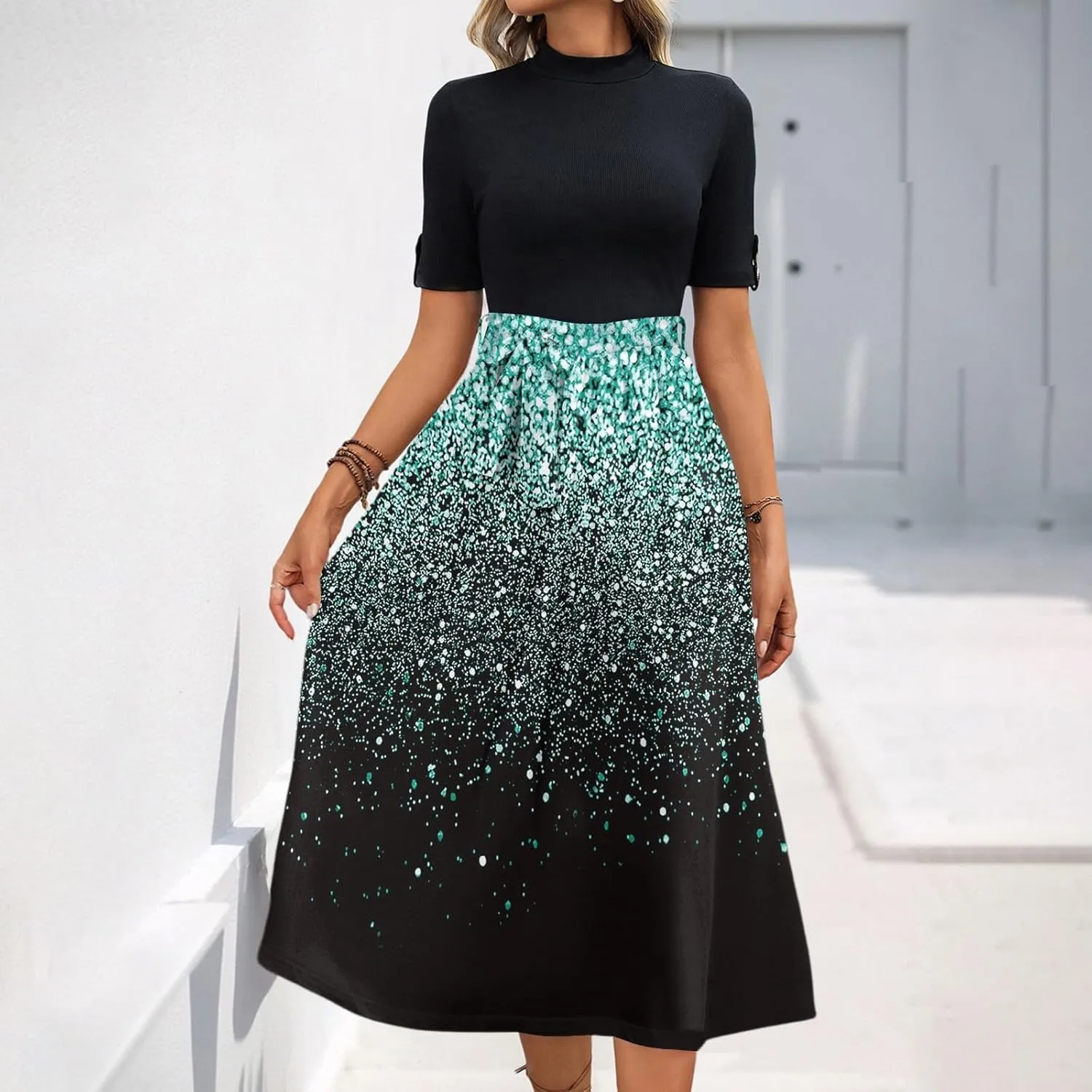 Floral Dresses Flowy Short Sleeve Empire Waist Summer Crewneck Midi Length Fashion Belted Sundresses for Women