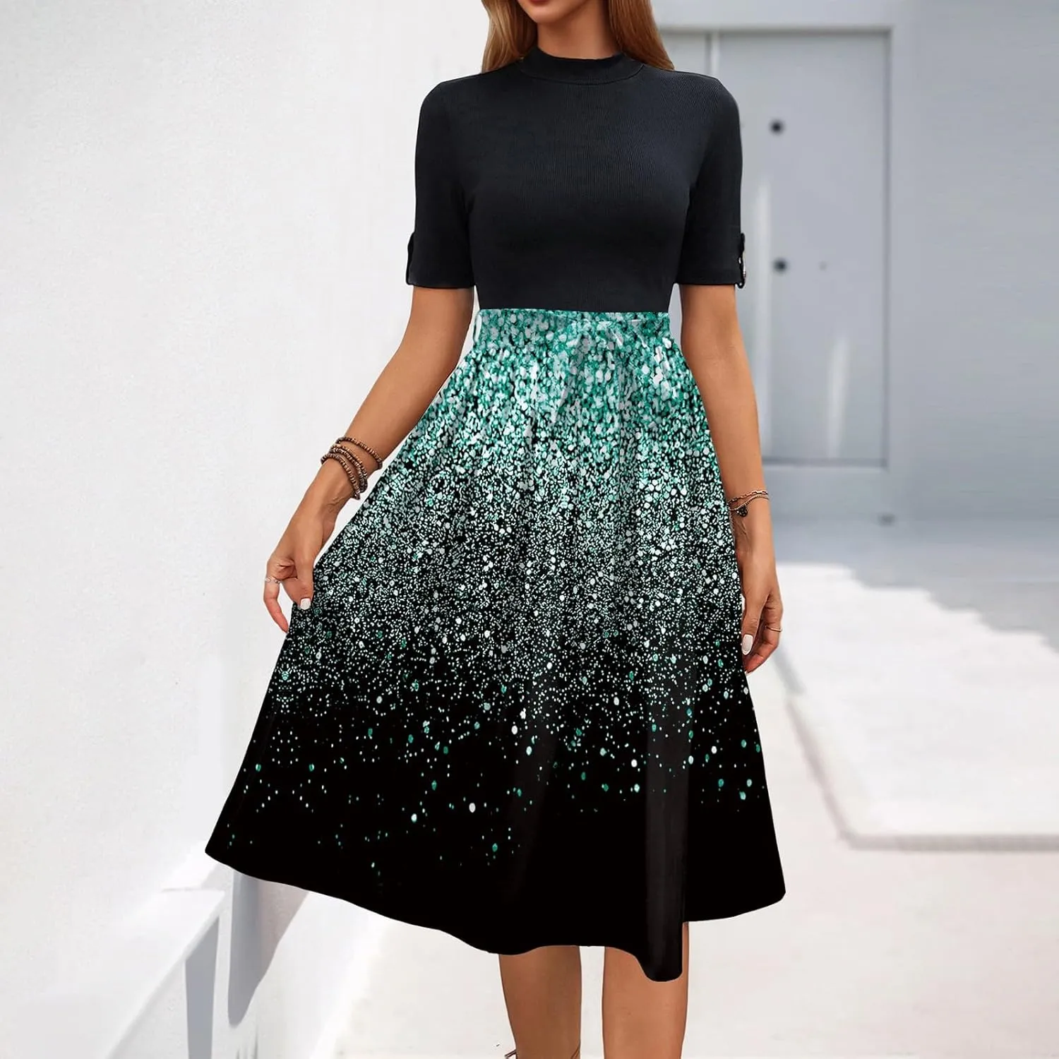 Floral Dresses Flowy Short Sleeve Empire Waist Summer Crewneck Midi Length Fashion Belted Sundresses for Women