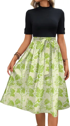 Floral Dresses Flowy Short Sleeve Empire Waist Summer Crewneck Midi Length Fashion Belted Sundresses for Women