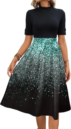 Floral Dresses Flowy Short Sleeve Empire Waist Summer Crewneck Midi Length Fashion Belted Sundresses for Women