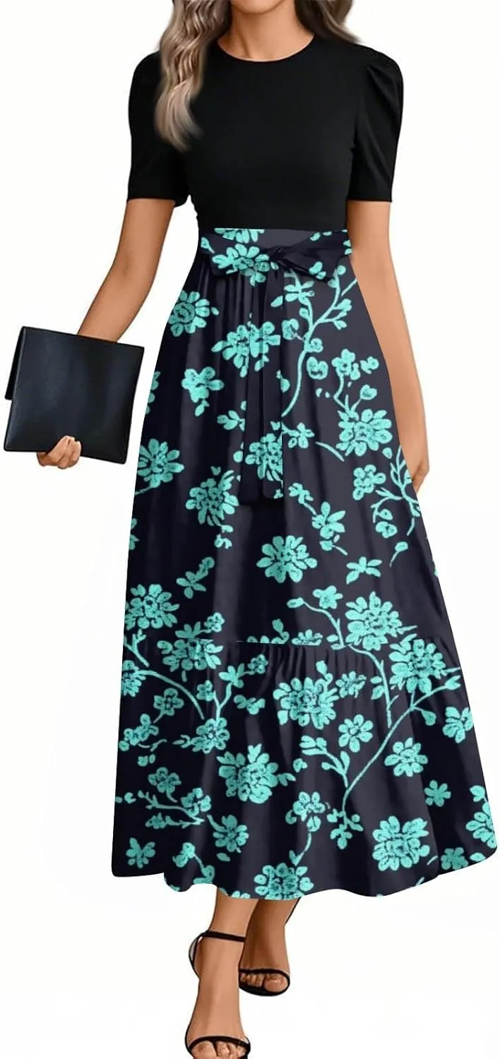 Floral Maxi Dresses for Women 2025 Elegant Boho Tie Belted Patchwork Dress Short Sleeve Wedding Guest Flowy Dress