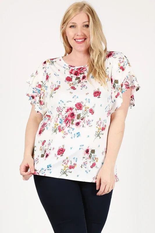 Floral Print Knit Short LayeRed Sleeve Top Plus Size