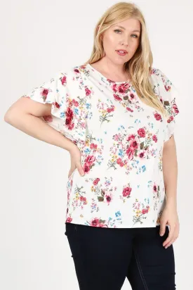 Floral Print Knit Short LayeRed Sleeve Top Plus Size