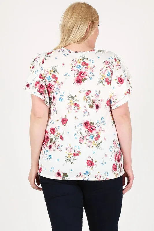 Floral Print Knit Short LayeRed Sleeve Top Plus Size