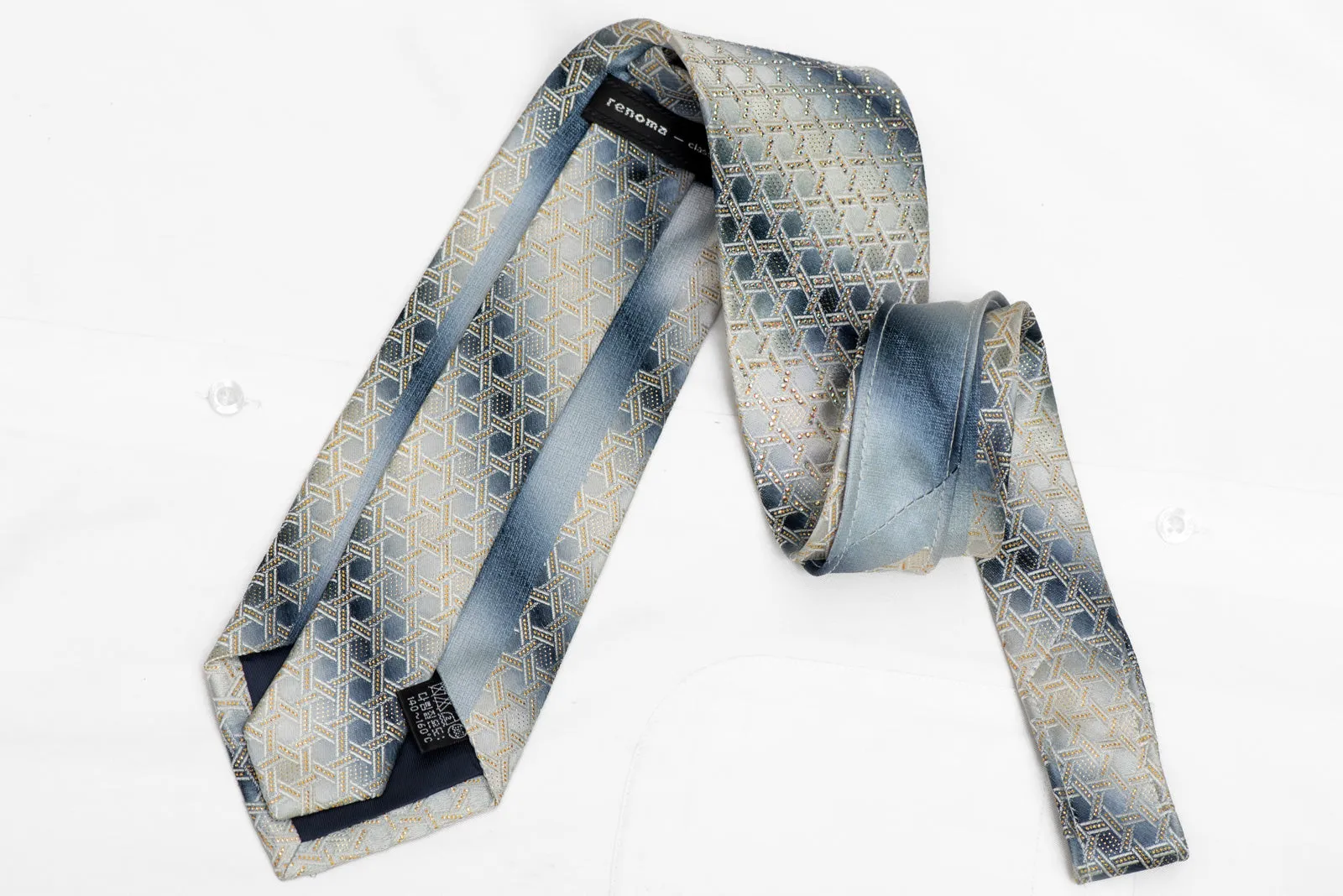 Geometric Trellis On Silver Rhinestone Silk Necktie With Gold Sparkles