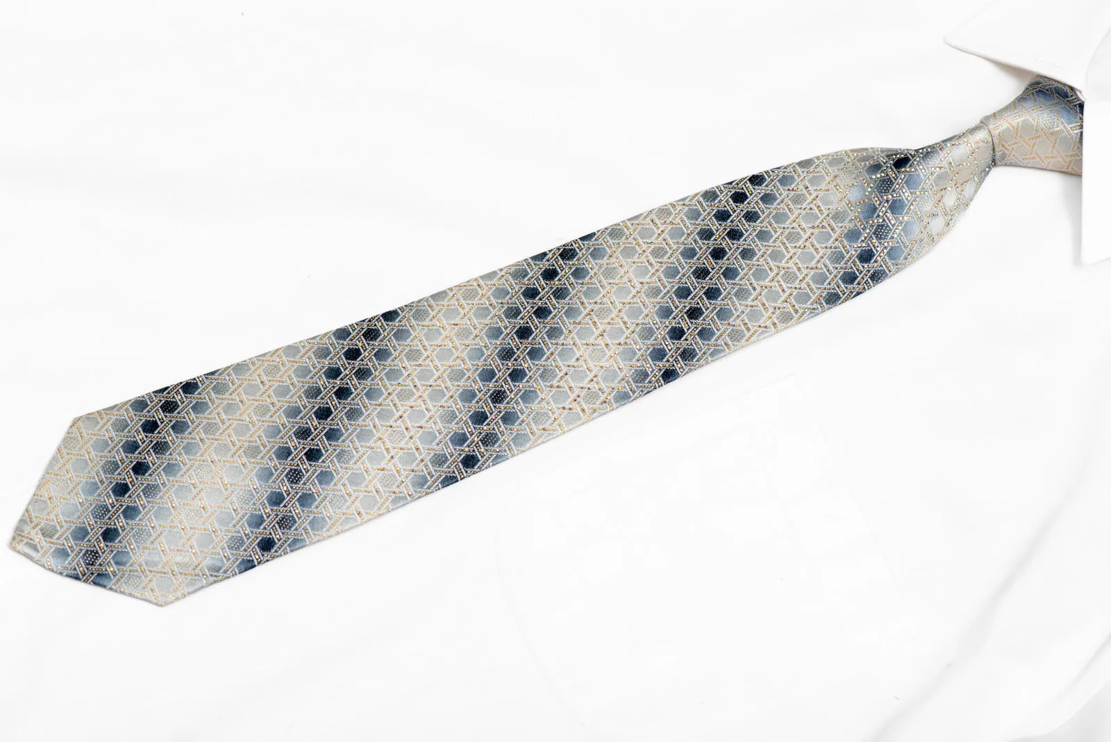 Geometric Trellis On Silver Rhinestone Silk Necktie With Gold Sparkles