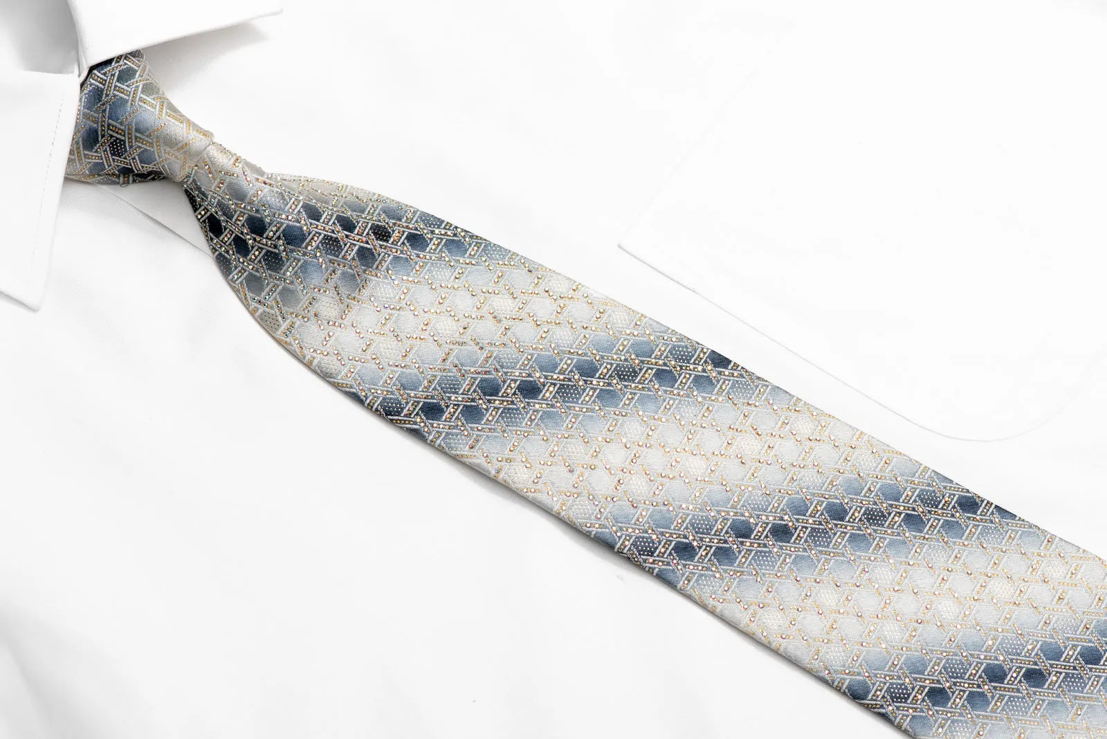Geometric Trellis On Silver Rhinestone Silk Necktie With Gold Sparkles