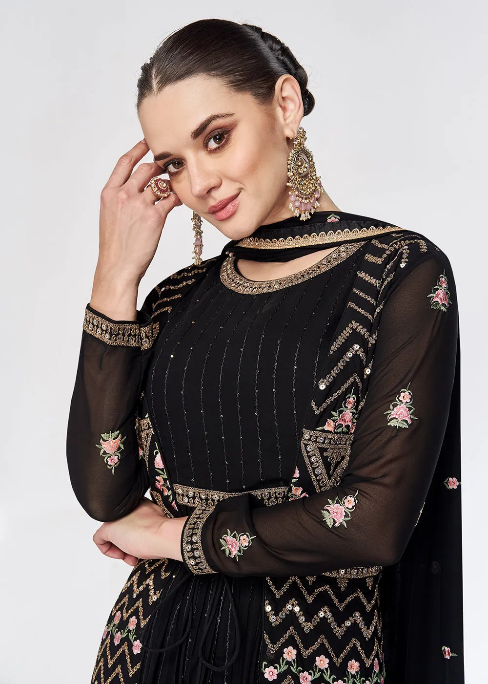 Georgette Premium Black Embroidered Wedding Anarkali Suit