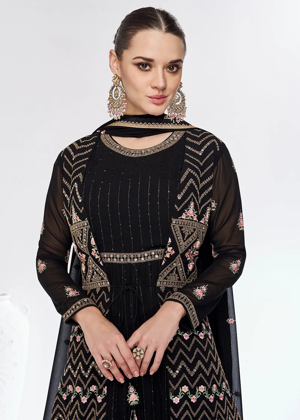 Georgette Premium Black Embroidered Wedding Anarkali Suit