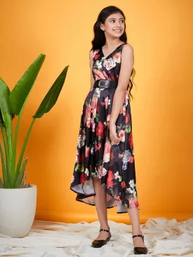 Girls Floral Printed Belted A Line Midi Dress