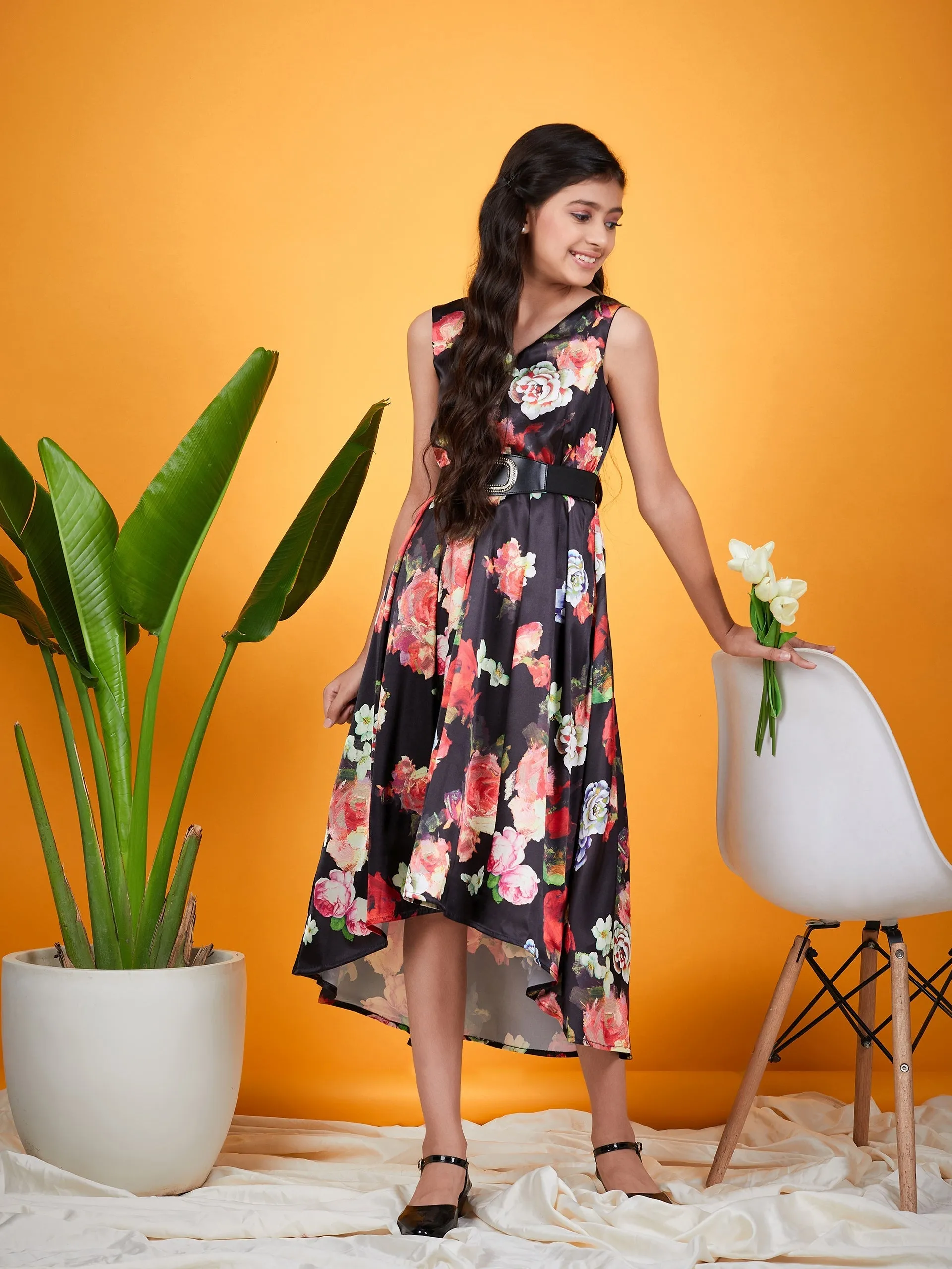 Girls Floral Printed Belted A Line Midi Dress